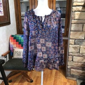 NO BRAND SIZE LARGE SEMI SHEER MULTICOLORED MULTI PATTERNED LONG SLEEVE TOP
